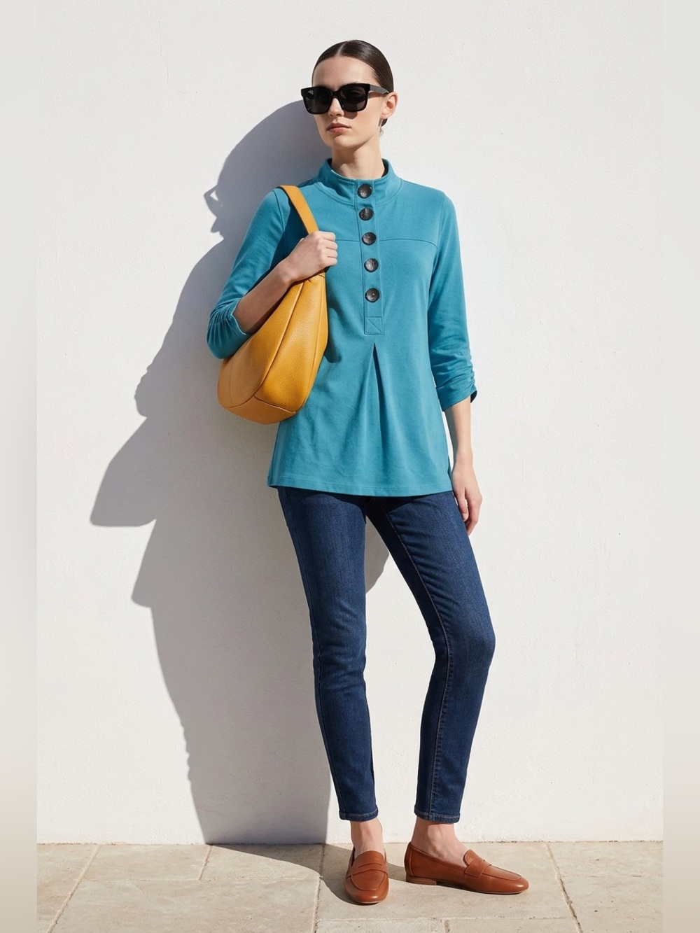 Ali Miles Turquoise Mandarin Collar 3/4 Sleeve Tunic Top – Size M